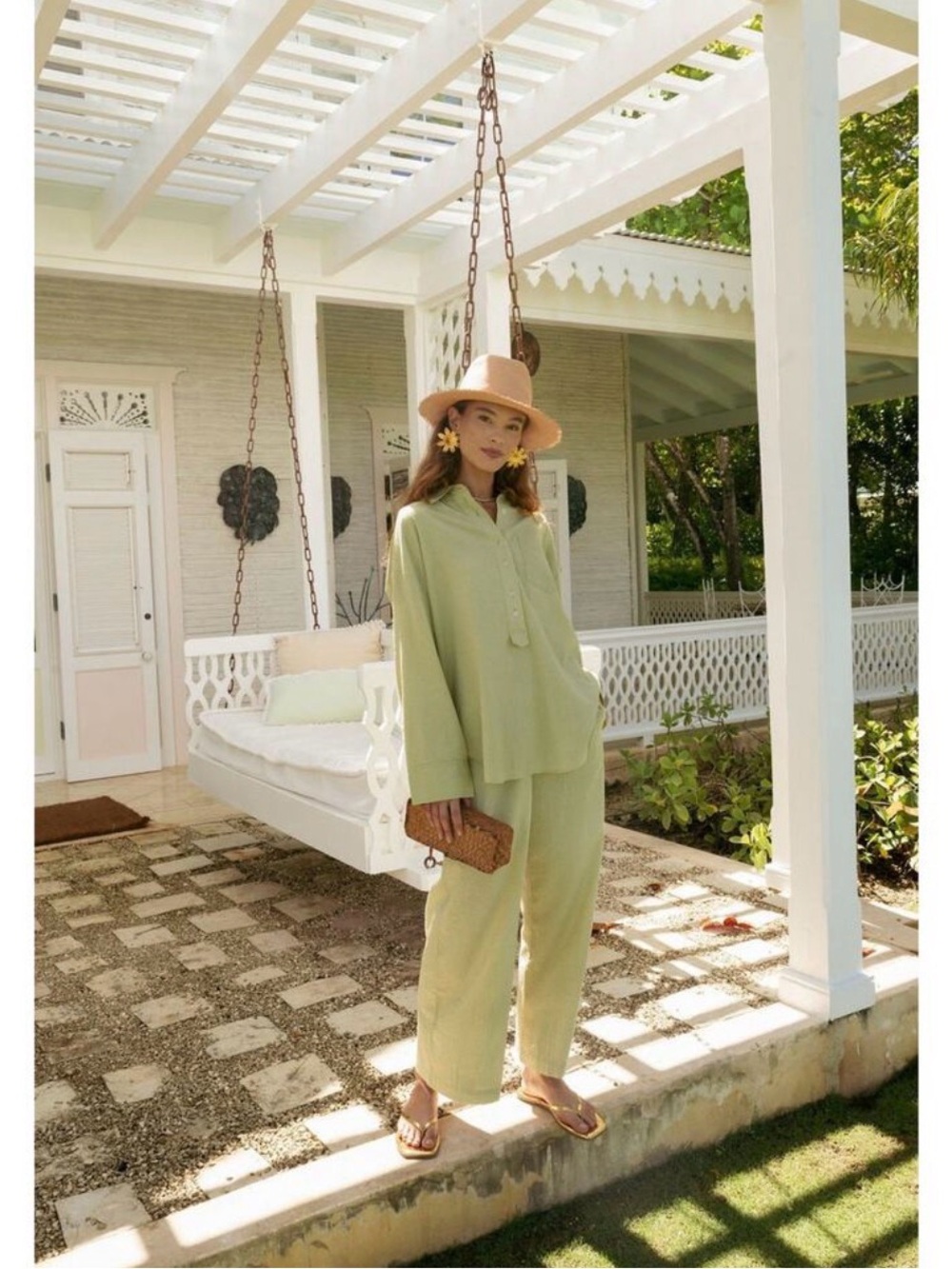 LA MAREGOLD The Nicole Pants 100% Cotton Seersucker Light Green Size Medium VGUC